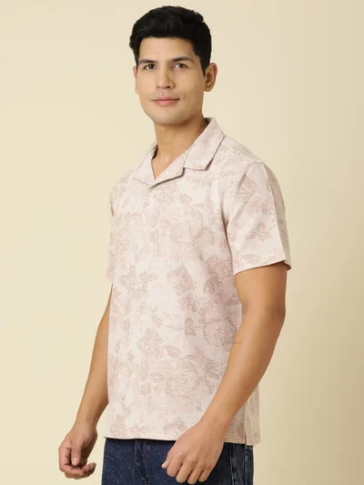 Joven Men Printed Casual Peach Oversized Half Sleeve Shirt